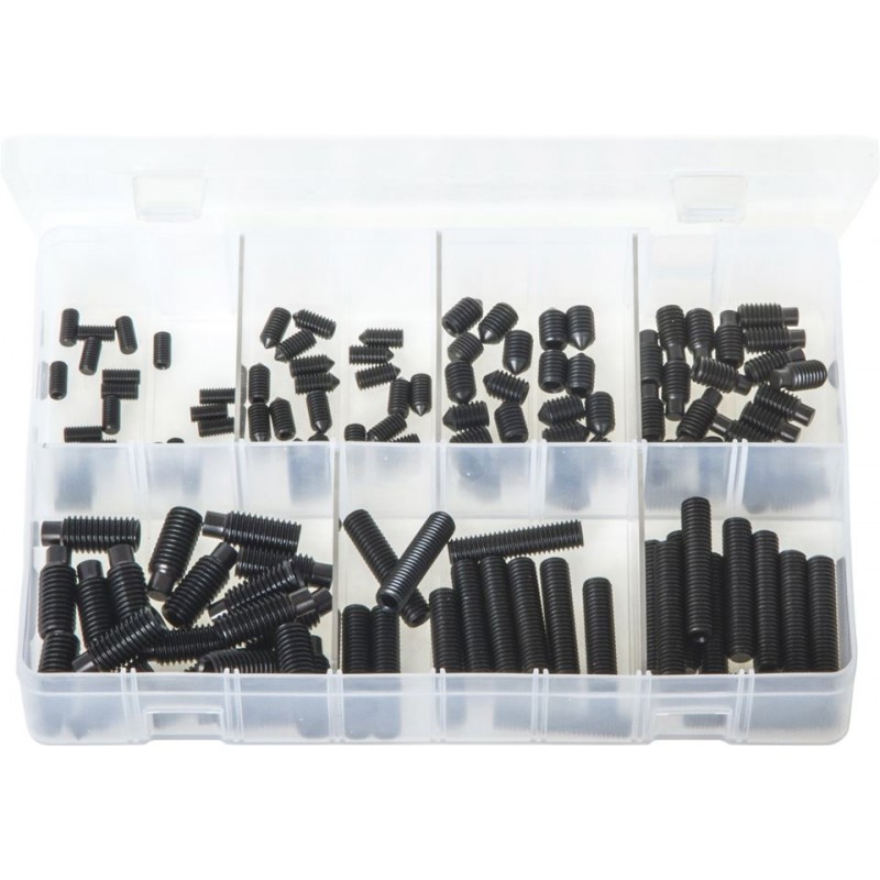 ASSORTED BLACK GRUB SCREWS (FLAT CONE & DOG POINT) (130)